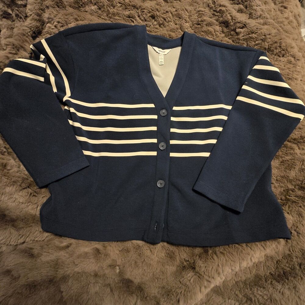 SPANX AirEssentials Cardigan Stripe Navy Comfy preppy athleisure sz L Sweater